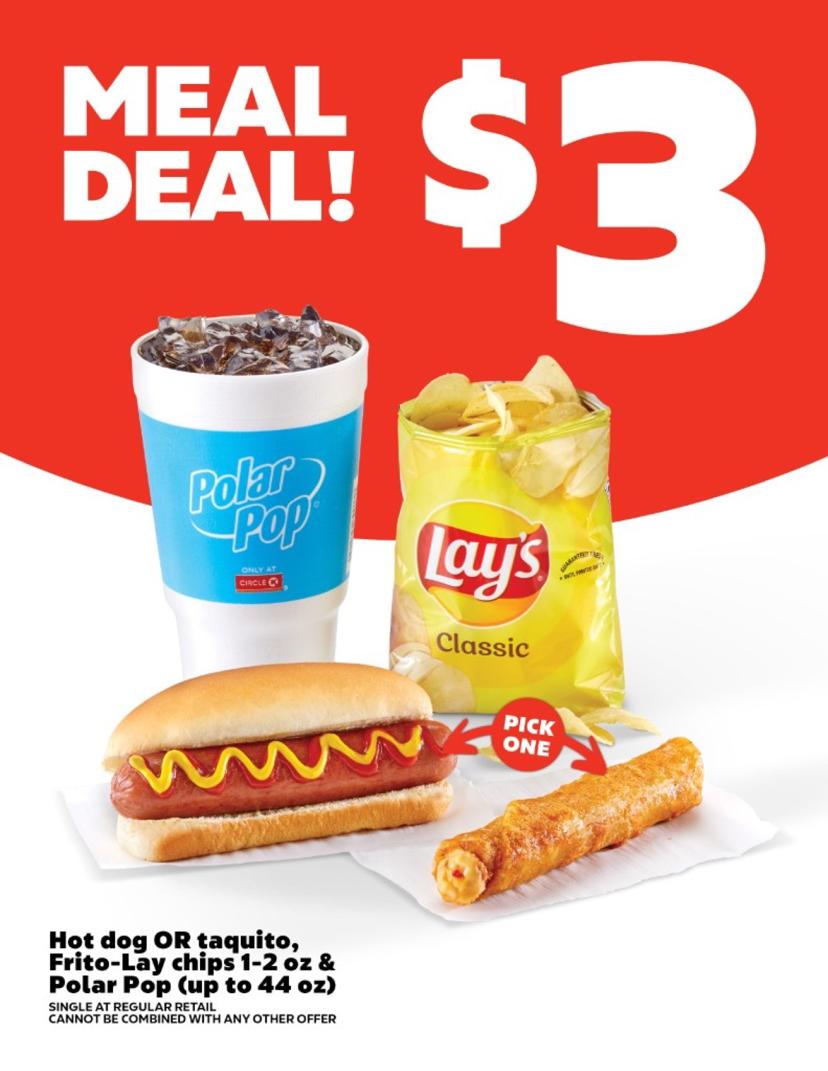 Meal deal — hot dog or taquito, Frito-Lay chips and Polar Pop for $3